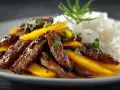 Délicieuses aiguillettes de canard laquées, servies avec des lamelles de mangue et du riz blanc, garnies d'herbes fraîches.