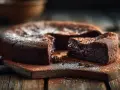 Un délicieux gâteau chocolat, saupoudré de sucre glace, est coupé sur une planche en bois rustique.