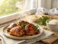 Assiette de haut de cuisse de poulet rôtis, fumants et dorés, accompagnés de riz et d'une sauce.