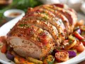 Rôti de porc Cookeo, tranché et servi avec des légumes rôtis colorés. Un plat savoureux et appétissant.