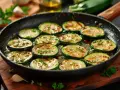 Tranches de courgettes dorées à la poêle, parsemées d'herbes et d'épices. Une délicieuse recette de courgette à la poêle prête à être dégustée.