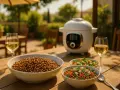 Lentilles vertes prêtes à être dégustées, préparées avec une mijoteuse. Un repas ensoleillé avec du vin blanc.