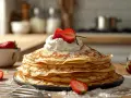 Pile de crêpes dorées, garnie de chantilly et fraises. Parfait pour une recette crêpe avec repos.