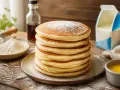 Pile de pancakes salés dorés, saupoudrés de sucre glace, avec des ingrédients de cuisine en arrière-plan.