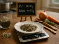 Balance de cuisine affichant 70g de lentilles. Une petite ardoise indique la quantité de lentilles par personne pour un plat ou une salade.