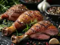 Trois cuisses de canard rôties, dorées et juteuses, garnies d'herbes fraîches, de grains de poivre et d'ail.