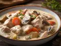 Un réconfortant blanquette de dinde avec des morceaux de dinde, des carottes et des champignons dans une sauce crémeuse, garnie de thym frais.