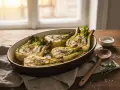 Fenouil braisé aux herbes, doré et tendre, servi dans un plat ovale. Une cuillère en bois et un bol de sel complètent cette scène rustique.
