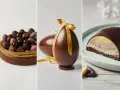 Délicieux gâteau de Pâques en chocolat : un nid rempli d'œufs, un œuf géant décoré d'un ruban, et une part de gâteau aux couches gourmandes.