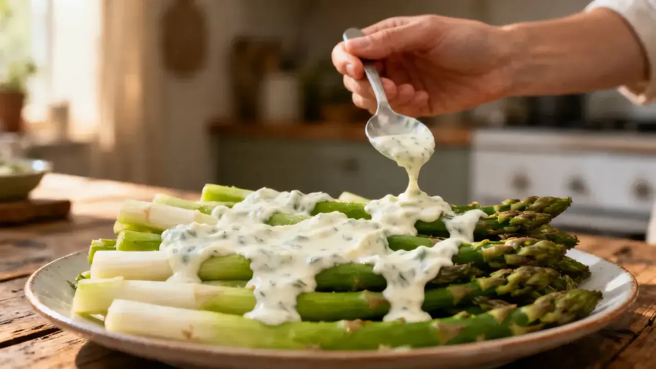 Une main verse une sauce légère pour asperges sur un plat d'asperges vertes et blanches.