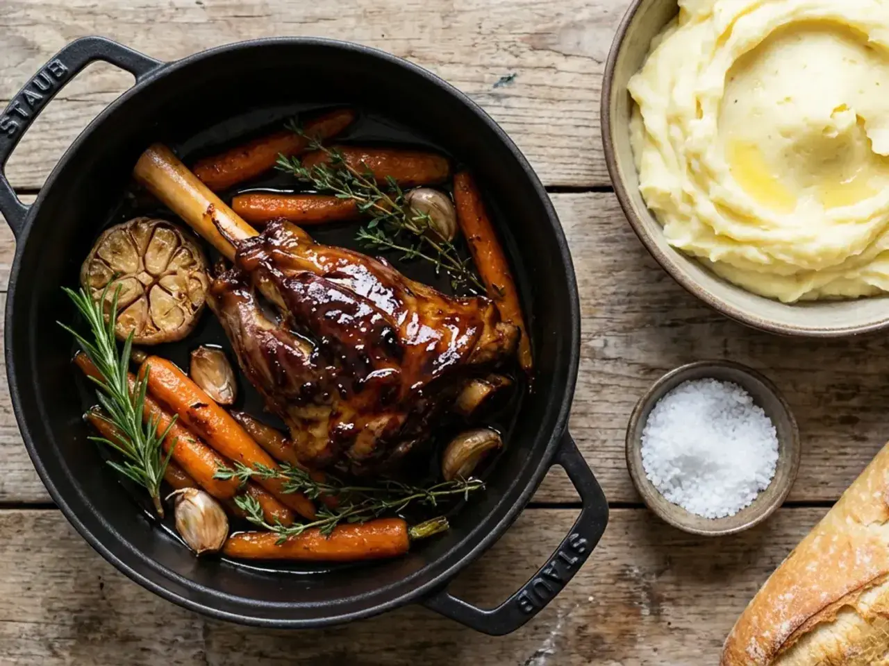 Souris d'agneau confite, servie avec des carottes rôties, de l'ail et des herbes dans une cocotte Staub. Purée de pommes de terre et pain à côté.