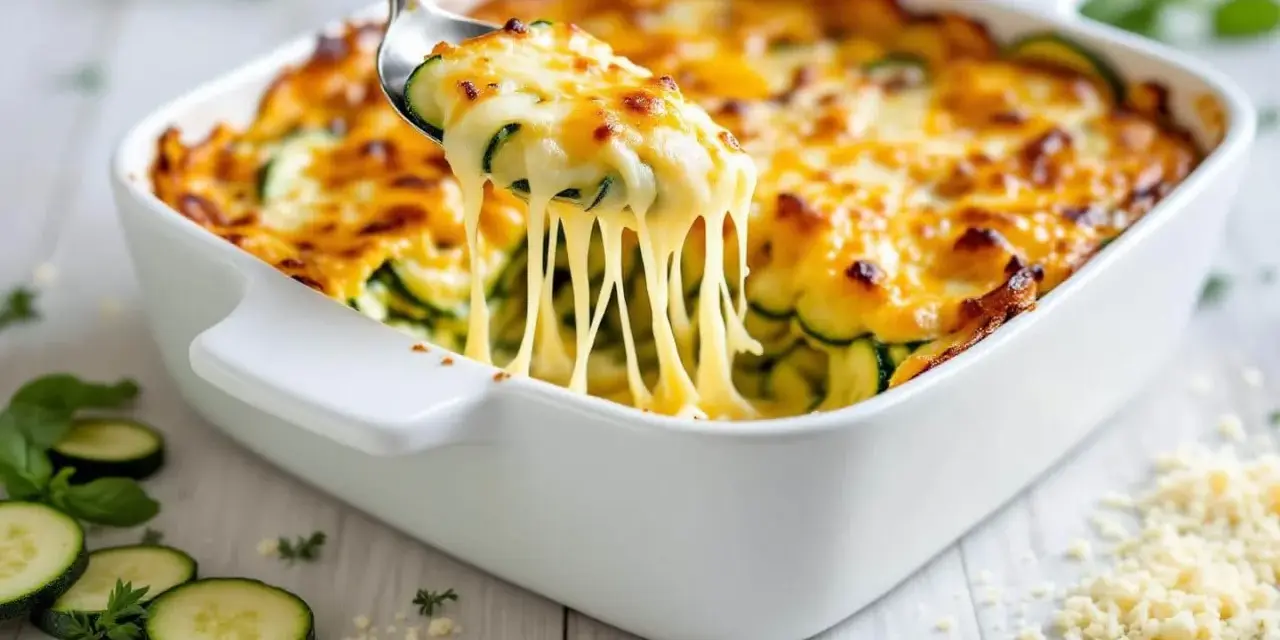 Une cuillère soulève un gratin de courgettes fondant, le fromage filant promet un délice.