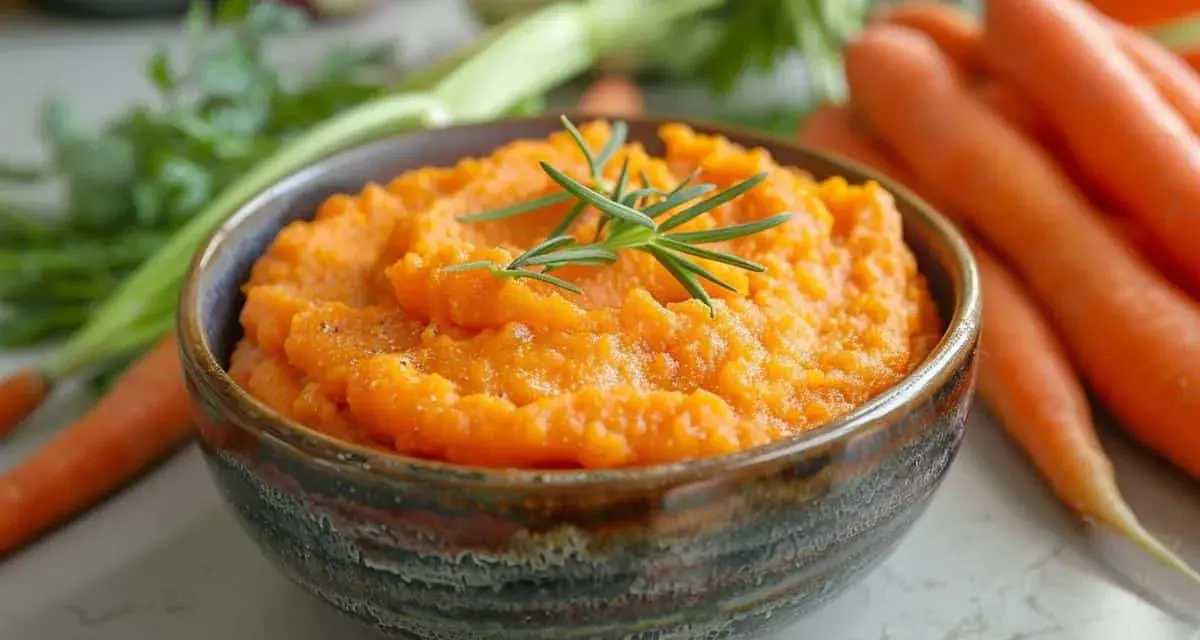 Un bol de purée de carotte onctueuse, garni d'une branche de romarin, avec des carottes fraîches en arrière-plan.