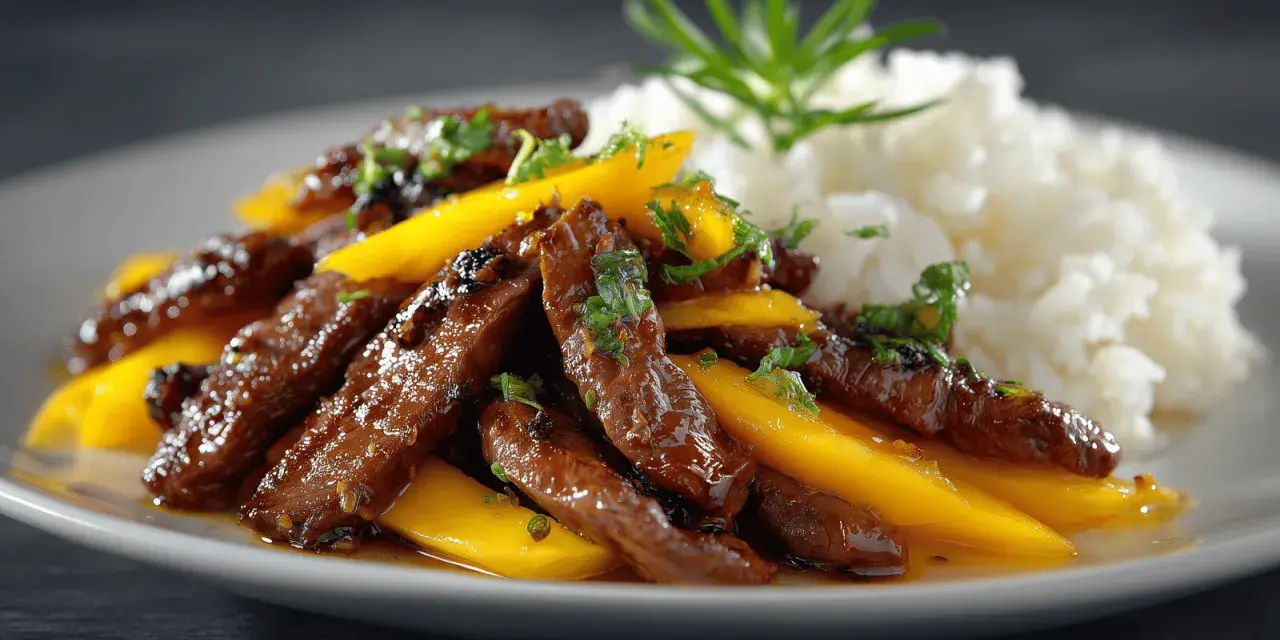 Délicieuses aiguillettes de canard laquées, servies avec des lamelles de mangue et du riz blanc, garnies d'herbes fraîches.