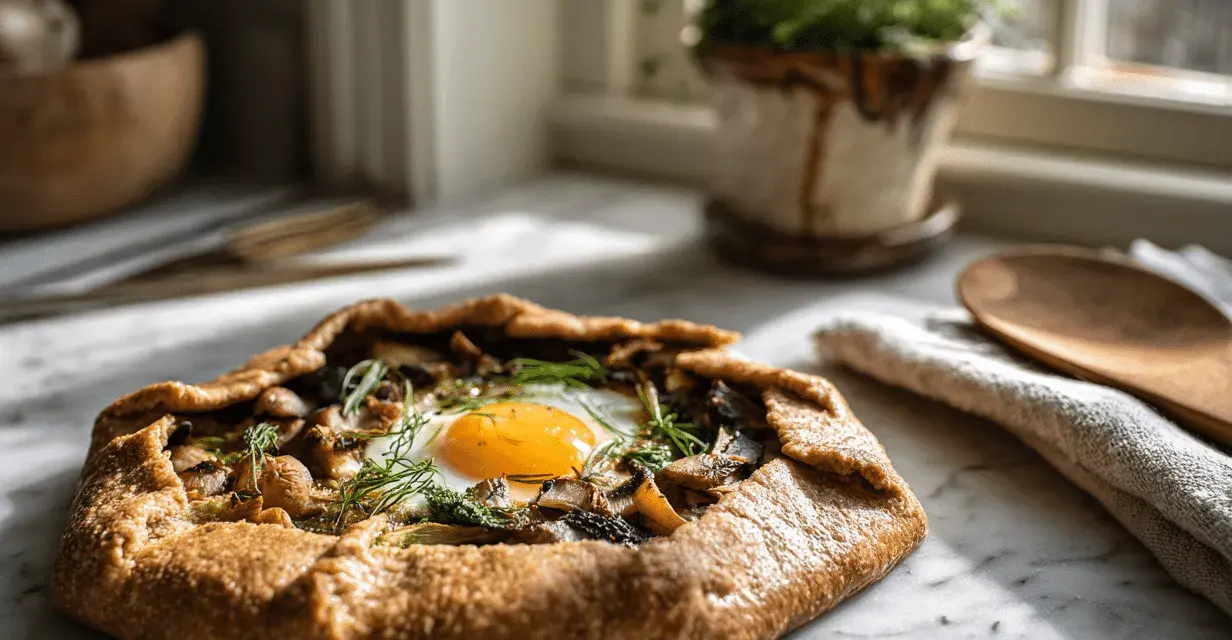 Galette de sarrasin aux champignons et œuf, garnie d'herbes. Une belle recette pour comprendre pourquoi les galettes de sarrasin se cassent.