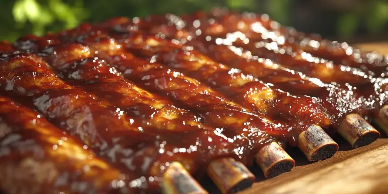Des travers de porc généreusement nappés d'une sauce barbecue brillante, prêts à être dégustés.