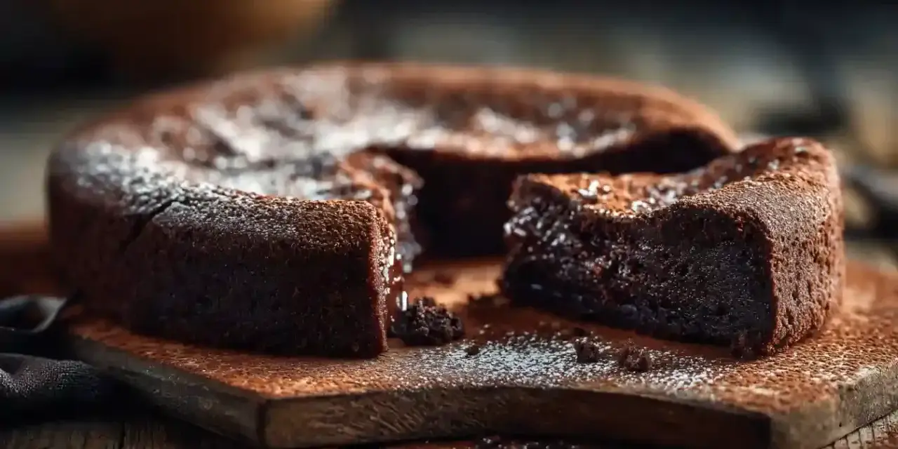 Un délicieux gâteau chocolat, saupoudré de sucre glace, est coupé sur une planche en bois rustique.