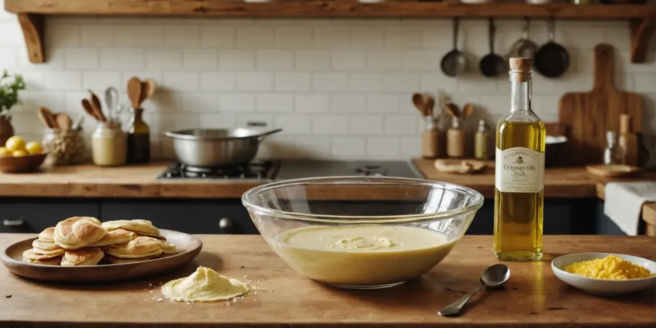 Préparation de crêpes : pâte dans un bol, pile de crêpes, et une bouteille d'huile d'olive. Quelle huile pour les crêpes ? L'huile d'olive est une option.