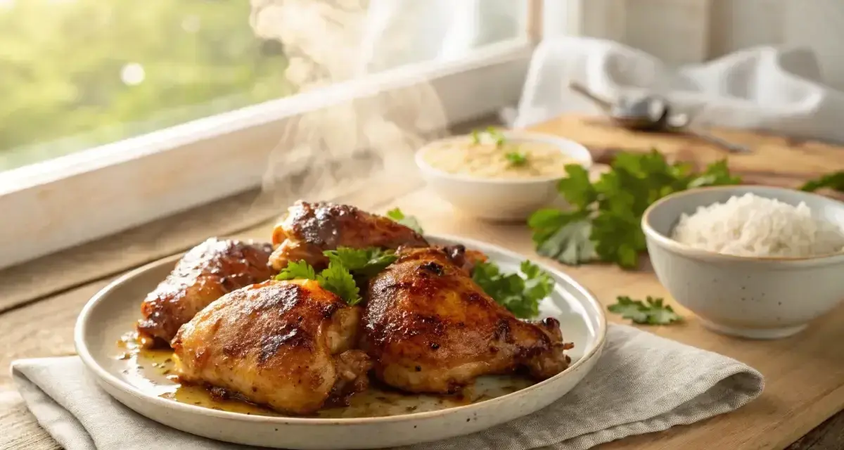 Assiette de haut de cuisse de poulet rôtis, fumants et dorés, accompagnés de riz et d'une sauce.