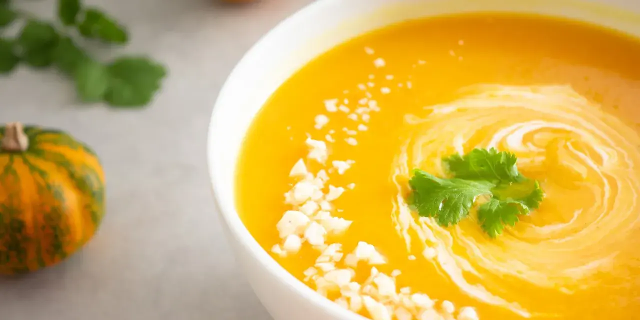 Un bol de soupe butternut crémeuse, garnie de coriandre fraîche et de petits morceaux de fromage. Des mini-citrouilles décorent la table.