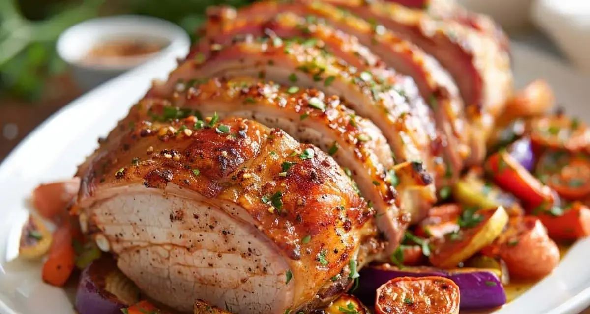 Rôti de porc Cookeo, tranché et servi avec des légumes rôtis colorés. Un plat savoureux et appétissant.