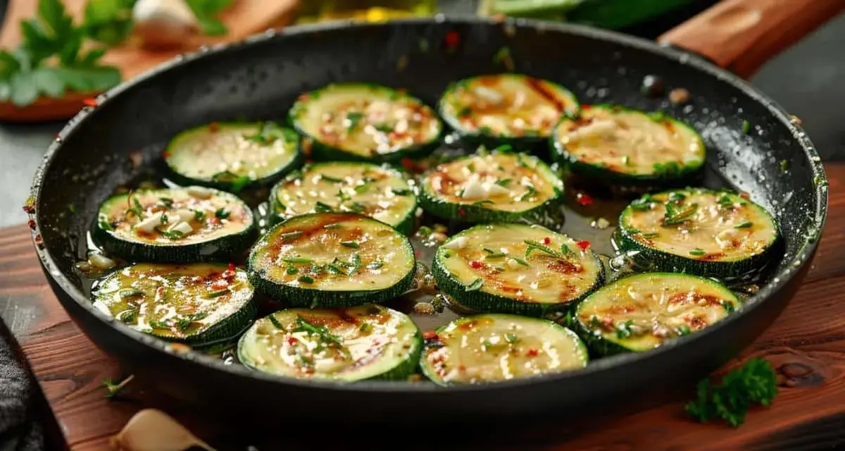 Tranches de courgettes dorées à la poêle, parsemées d'herbes et d'épices. Une délicieuse recette de courgette à la poêle prête à être dégustée.
