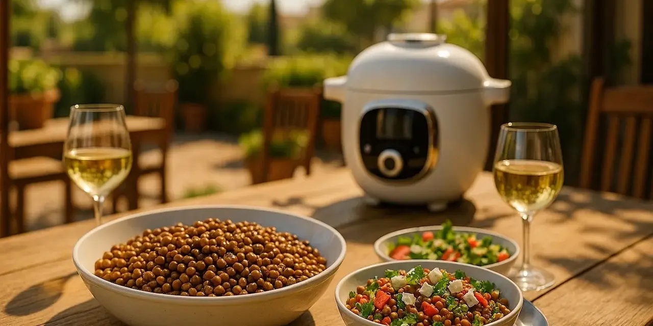Lentilles vertes prêtes à être dégustées, préparées avec une mijoteuse. Un repas ensoleillé avec du vin blanc.