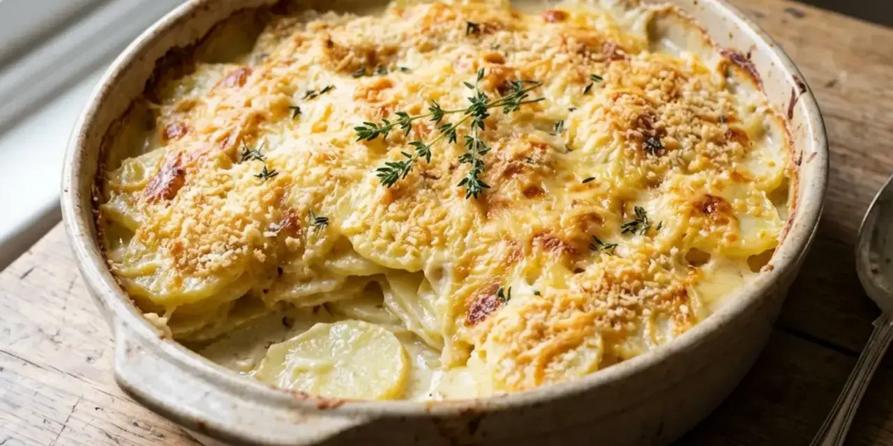 Un gratin de pommes de terre crémeux et doré, garni de thym frais, prêt à être dégusté.