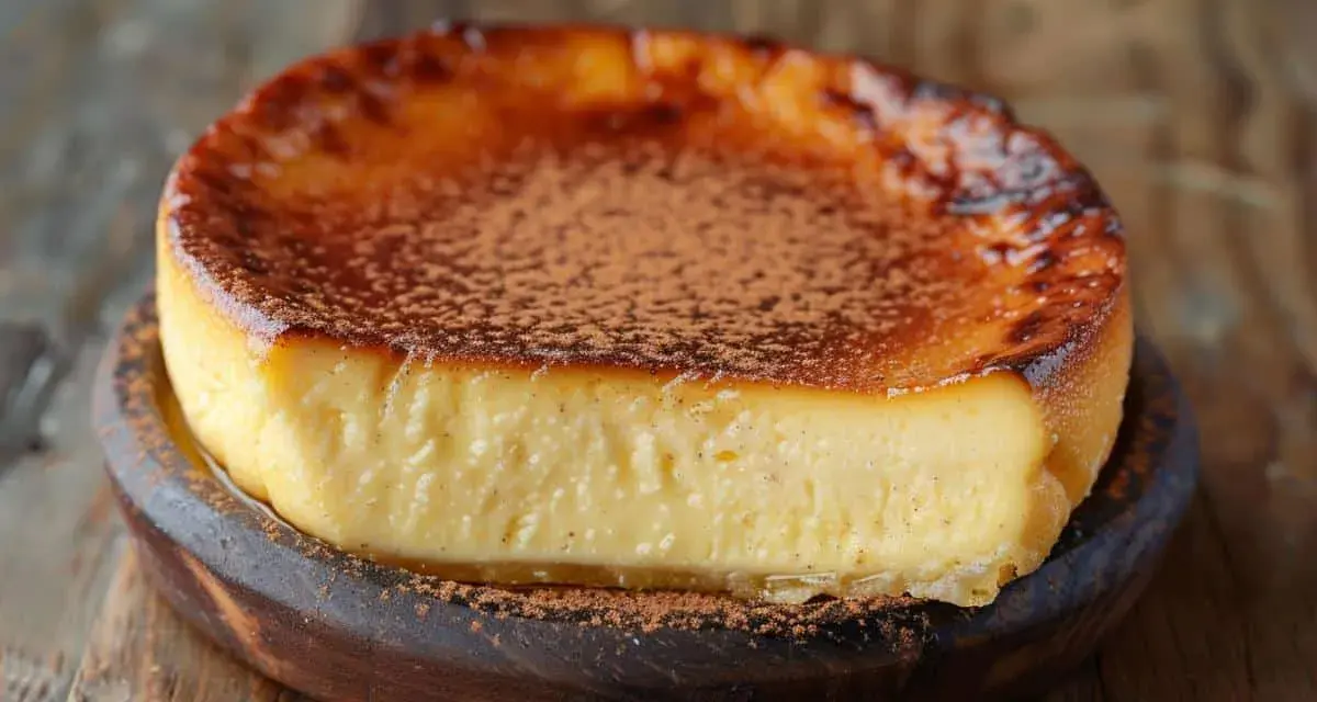 Un délicieux flan patissier sans pâte, à la texture crémeuse et au dessus caramélisé, saupoudré de cacao.
