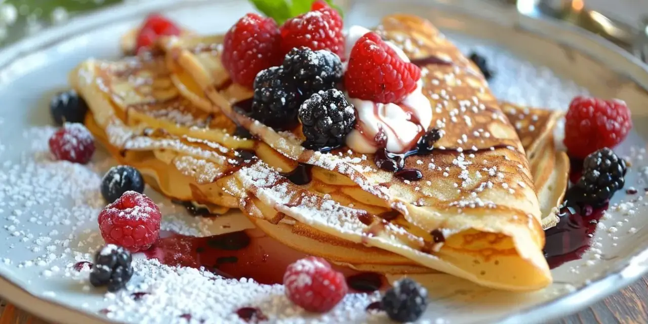 Délicieuses crêpes garnies de fruits rouges et de chantilly. Parfaites pour remplacer les œufs dans vos recettes de crêpes !