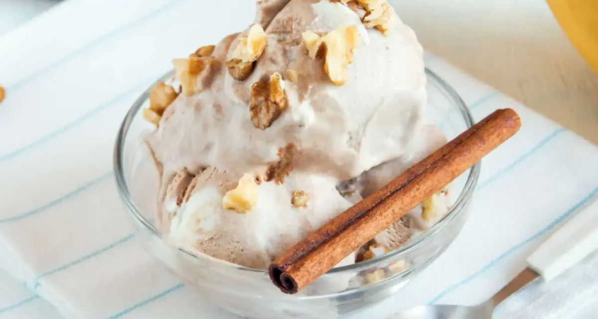 Un délicieux bol de glace au yaourt, garni de noix et d'un bâton de cannelle. Un délice rafraîchissant !