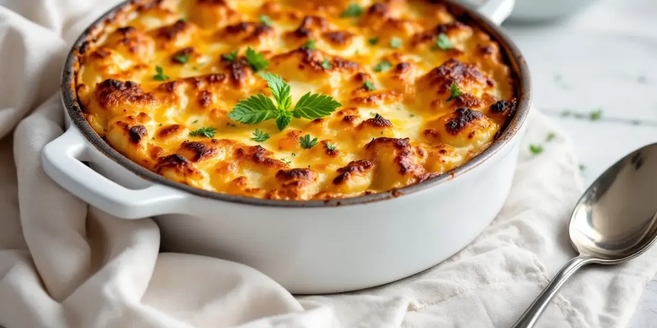 Un gratin de légumes doré et gratiné, garni de persil frais, prêt à être dégusté.