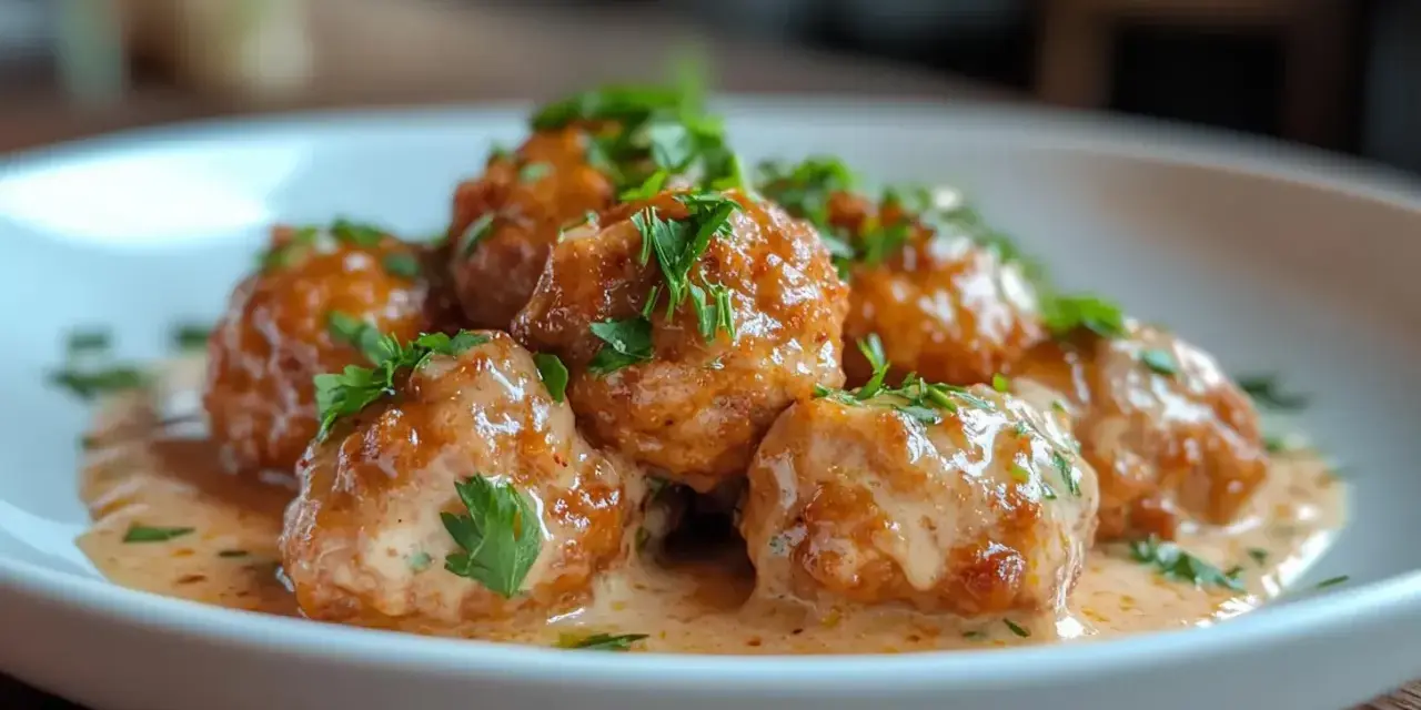Boulettes de viande savoureuses baignant dans une sauce crémeuse, garnies de persil frais. Un plat réconfortant prêt à être dégusté.