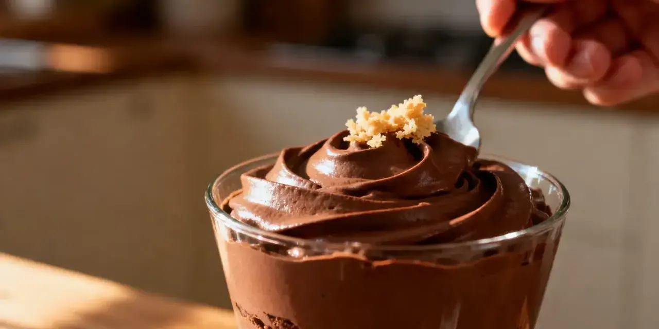 Une cuillère plonge dans une délicieuse mousse au chocolat au lait, garnie de miettes dorées.