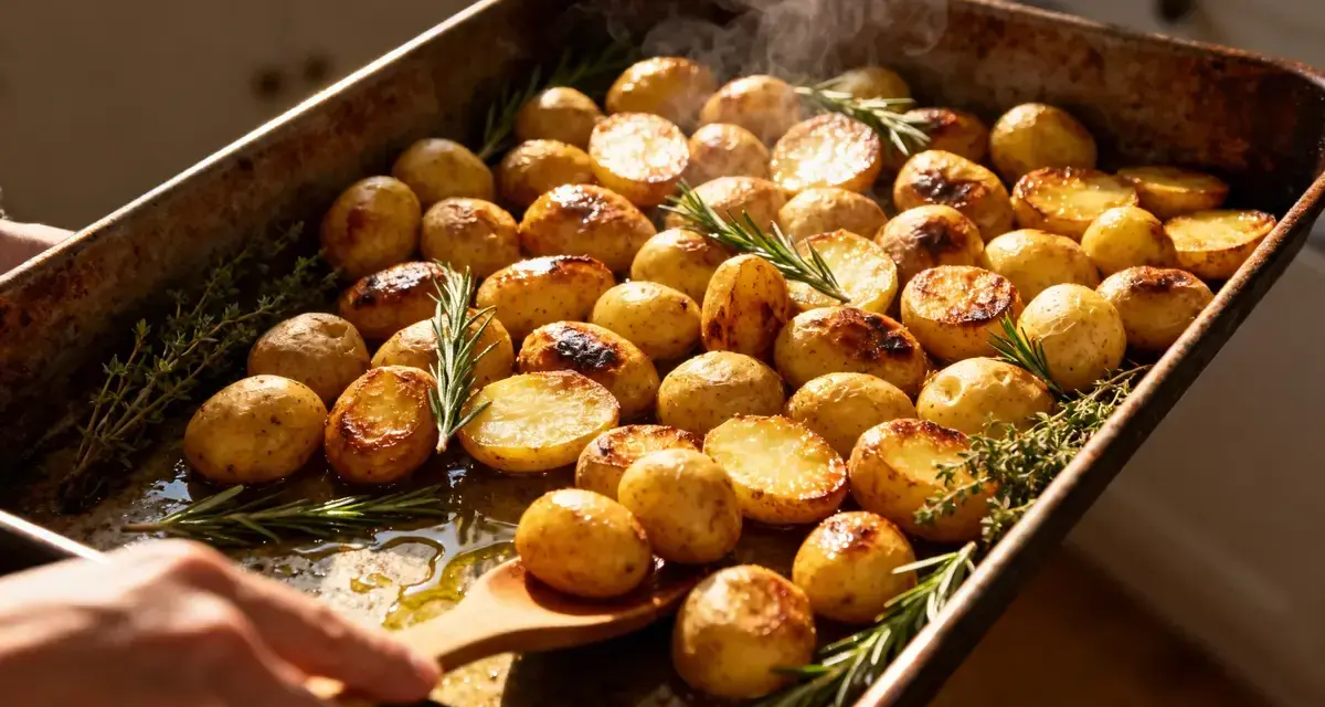 Pommes de terre grenaille au four, dorées et fumantes, parsemées de romarin et de thym. Un délice croustillant prêt à être dégusté.