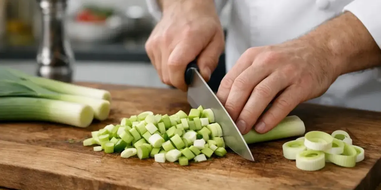 Préparation d'une recette poireaux : un chef coupe des poireaux en dés sur une planche en bois.