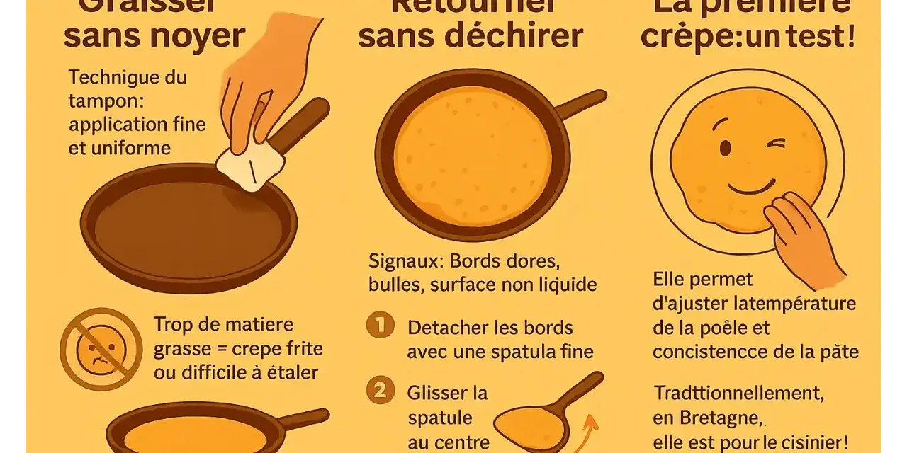 La première crêpe est un test pour ajuster la température. Une crêpe qui colle et se casse peut indiquer trop de matière grasse.