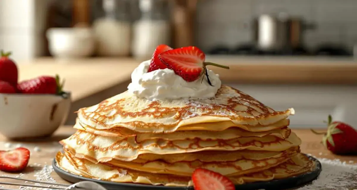 Pile de crêpes dorées, garnie de chantilly et fraises. Parfait pour une recette crêpe avec repos.