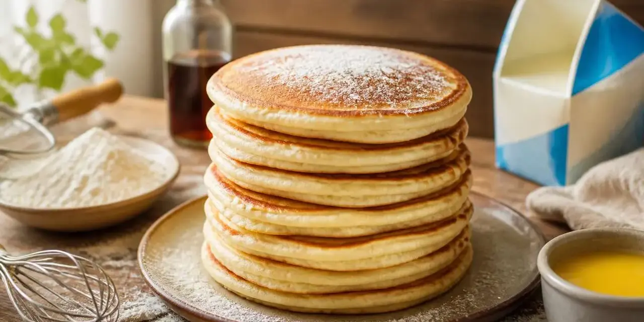 Pile de pancakes salés dorés, saupoudrés de sucre glace, avec des ingrédients de cuisine en arrière-plan.