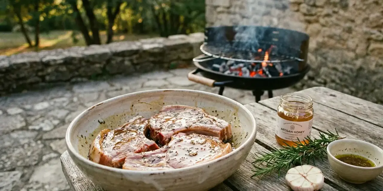 Côtelettes de porc dans une marinade savoureuse, prêtes pour le barbecue. Miel artisanal, romarin et ail complètent la scène.