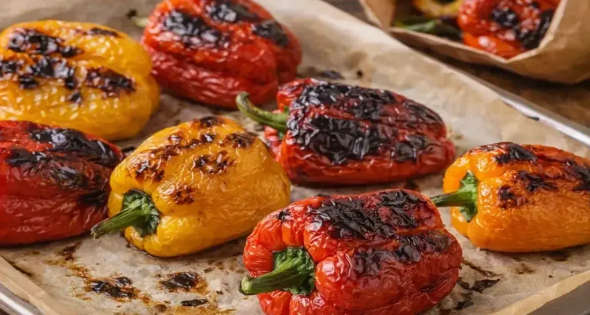 Poivrons rouges, jaunes et oranges grillés au four, sur une plaque recouverte de papier cuisson. Les marques de grill sont bien visibles.