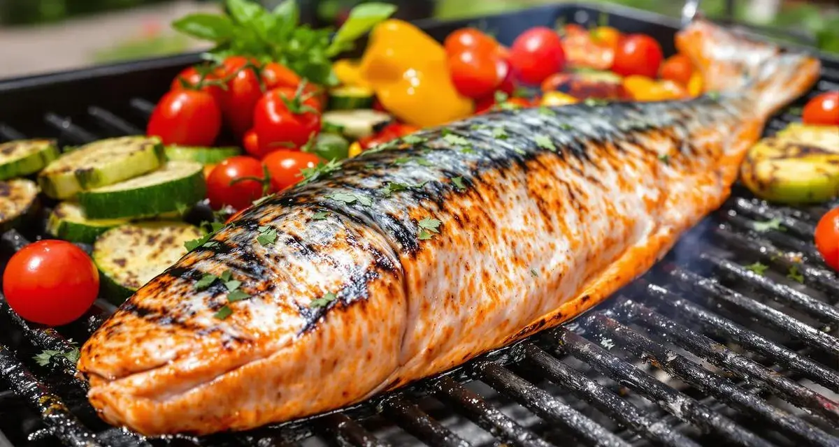 Un poisson entier, grillé à la perfection, avec des légumes colorés autour. Un délice de poisson au barbecue.