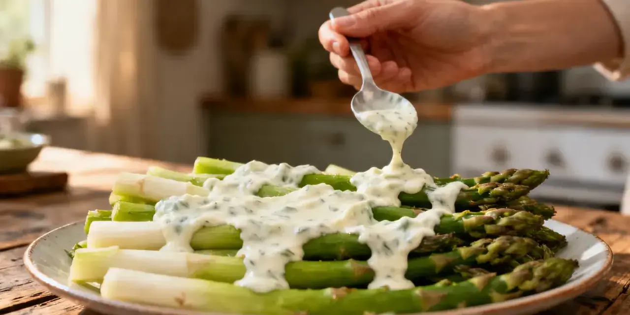 Une main verse une sauce légère pour asperges sur un plat d'asperges vertes et blanches.