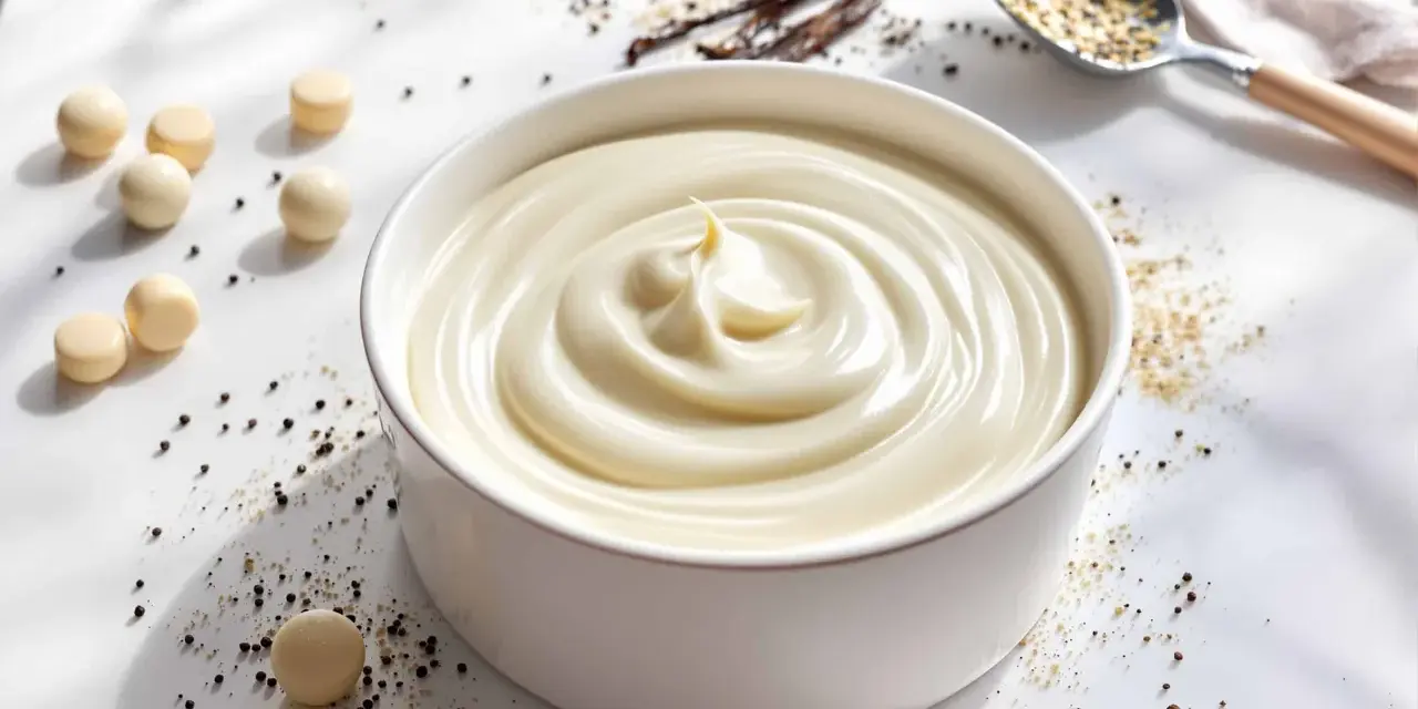 Un bol de ganache vanille onctueuse, parsemé de grains de poivre et de quelques billes de chocolat blanc. Des gousses de vanille et une cuillère de graines complètent la scène.