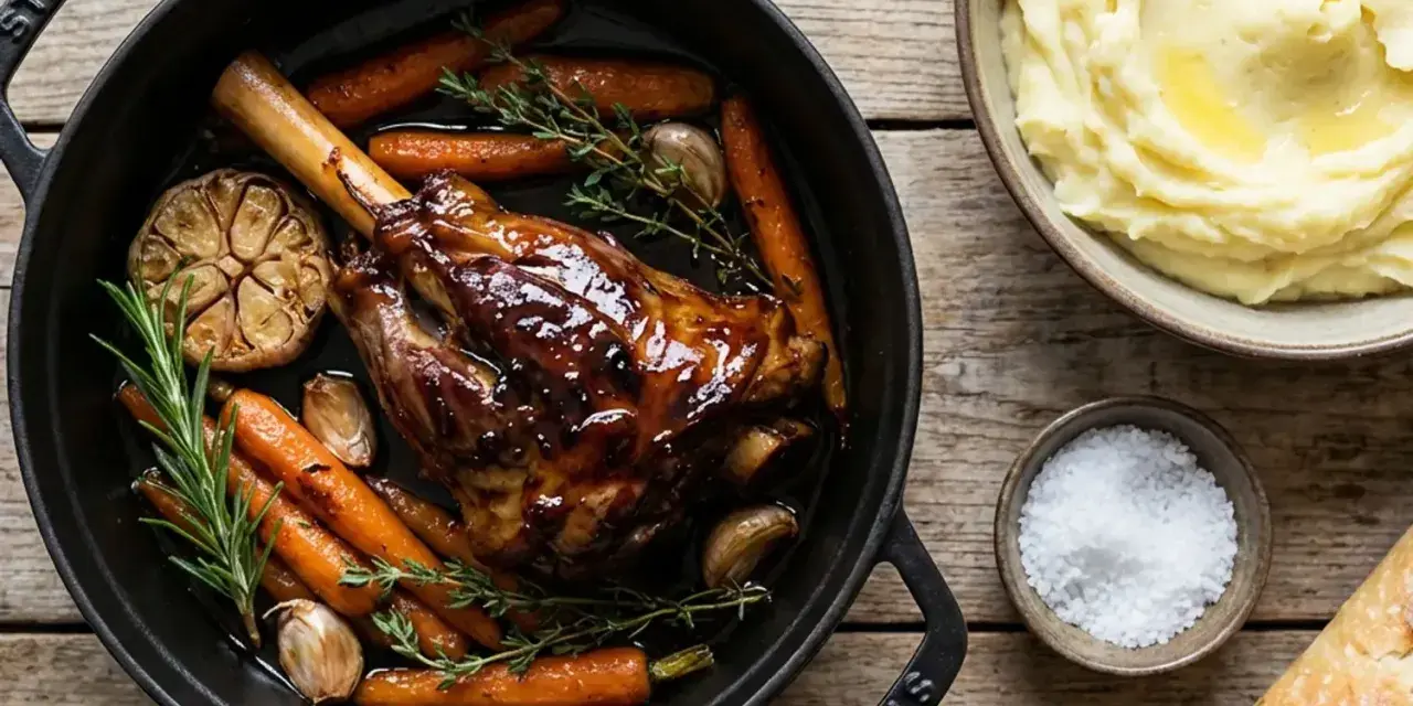 Souris d'agneau confite, servie avec des carottes rôties, de l'ail et des herbes dans une cocotte Staub. Purée de pommes de terre et pain à côté.