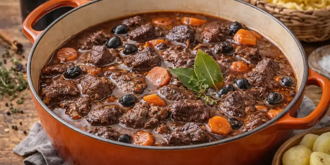Un plat mijoté de daube de boeuf, avec des carottes, des olives et des herbes, prêt à être dégusté.