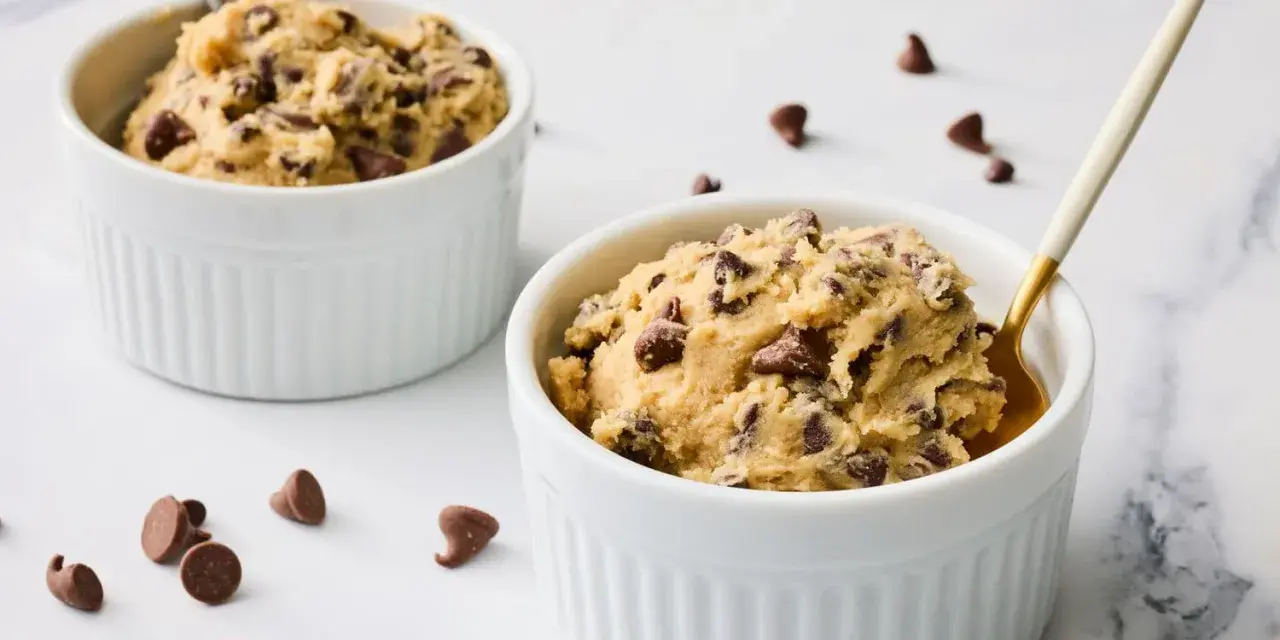 Deux ramequins blancs remplis de pâte à cookie aux pépites de chocolat, prêts à être dégustés.