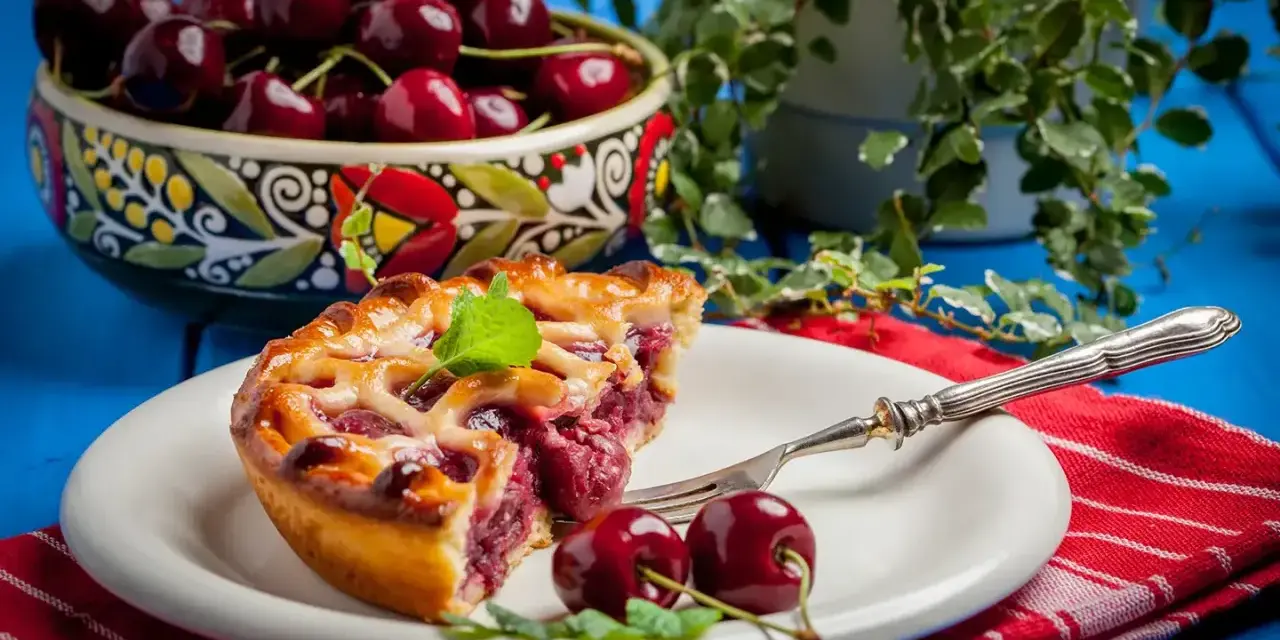Une part de tarte aux cerises, garnie de menthe fraîche, sur une assiette blanche avec une fourchette. Un bol de cerises est visible en arrière-plan.