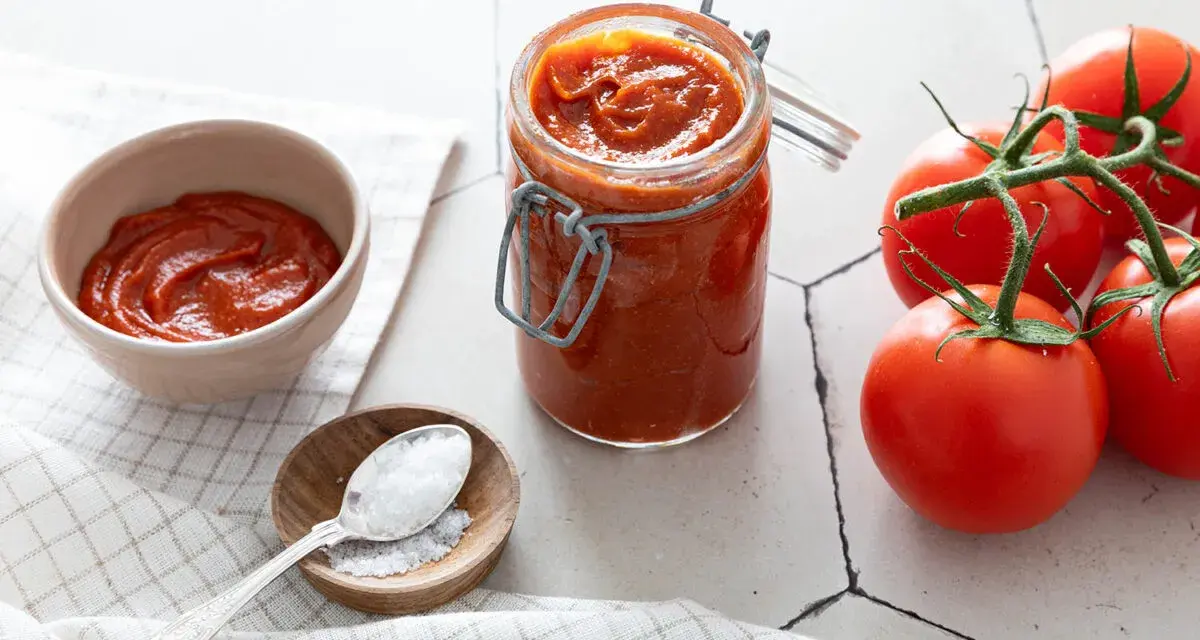 Un pot de coulis de tomates maison, des tomates fraîches et une cuillère de sel, prêts pour une recette savoureuse.
