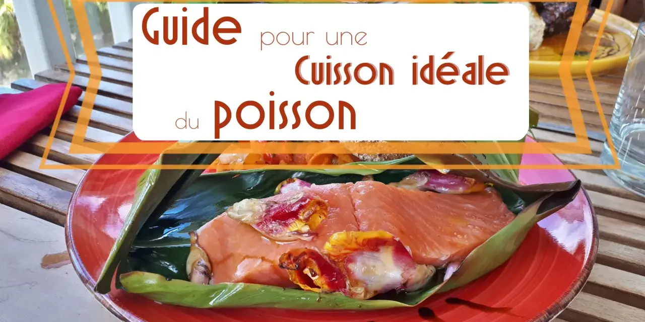 Guide pour une cuisson idéale du poisson. Un filet de saumon cru, garni de légumes, est enveloppé dans des feuilles vertes sur une assiette rouge.
